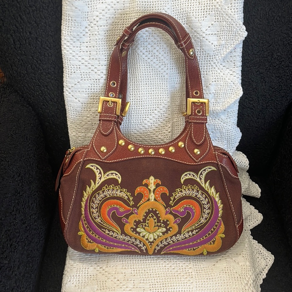 Isabella Fiore canvas embroidered shoulder bag with leather handle and trim